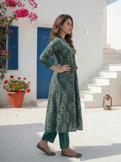 Ethnic Floral Printed A-Line Paneled Kurta with Palazzo Co-ord Set - Green