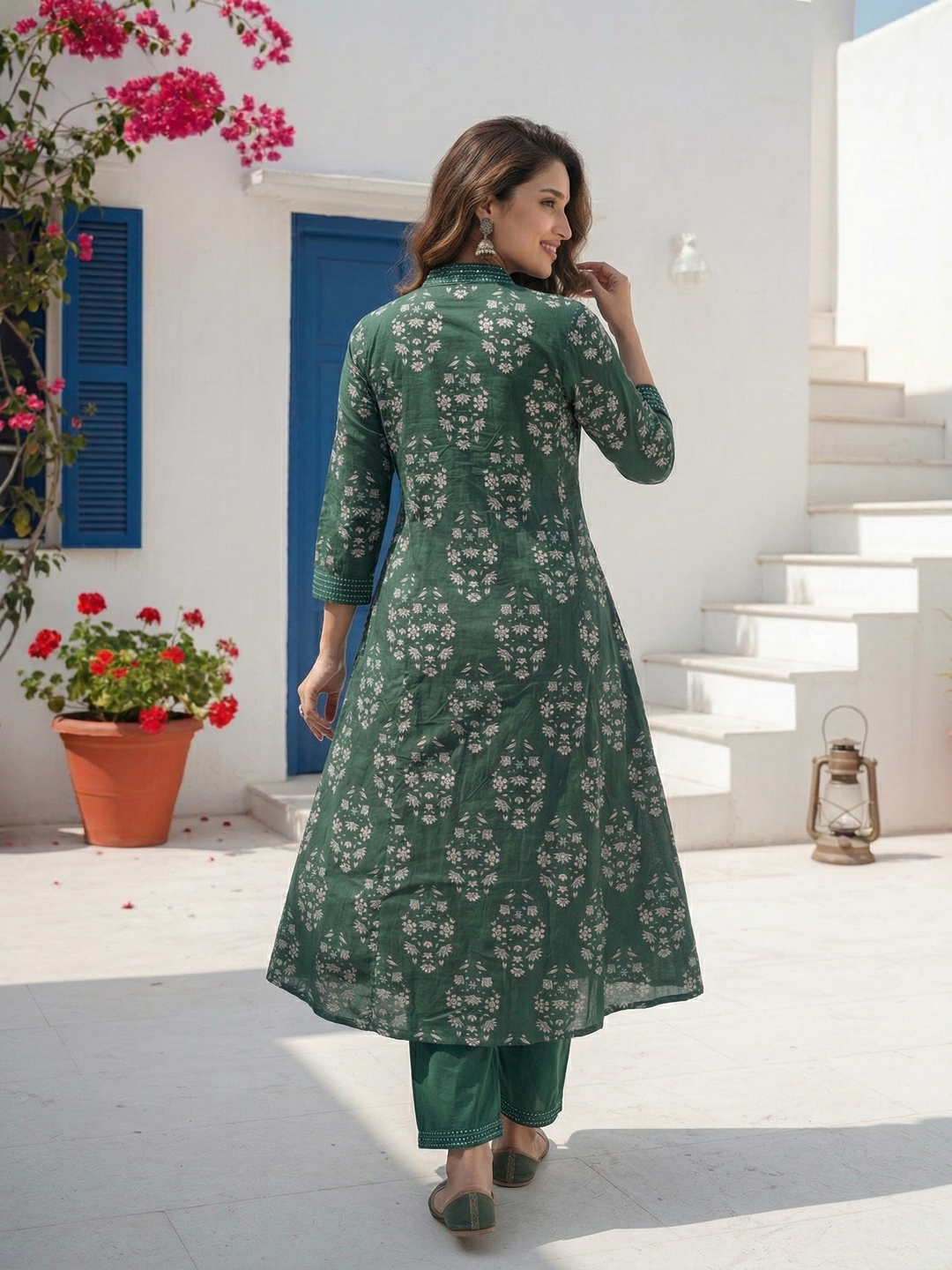 Ethnic Floral Printed A-Line Paneled Kurta with Palazzo Co-ord Set - Green