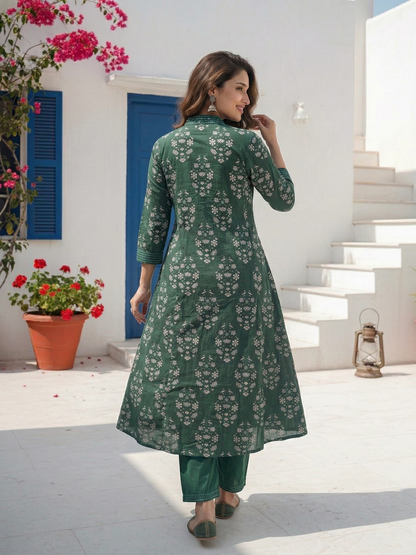 Ethnic Floral Printed A-Line Paneled Kurta with Palazzo Co-ord Set - Green