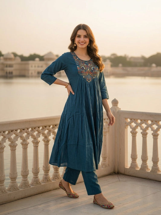 Solid Floral Threadwork Embroidered A-Line Pleated Kurta with Palazzo - Teal Blue
