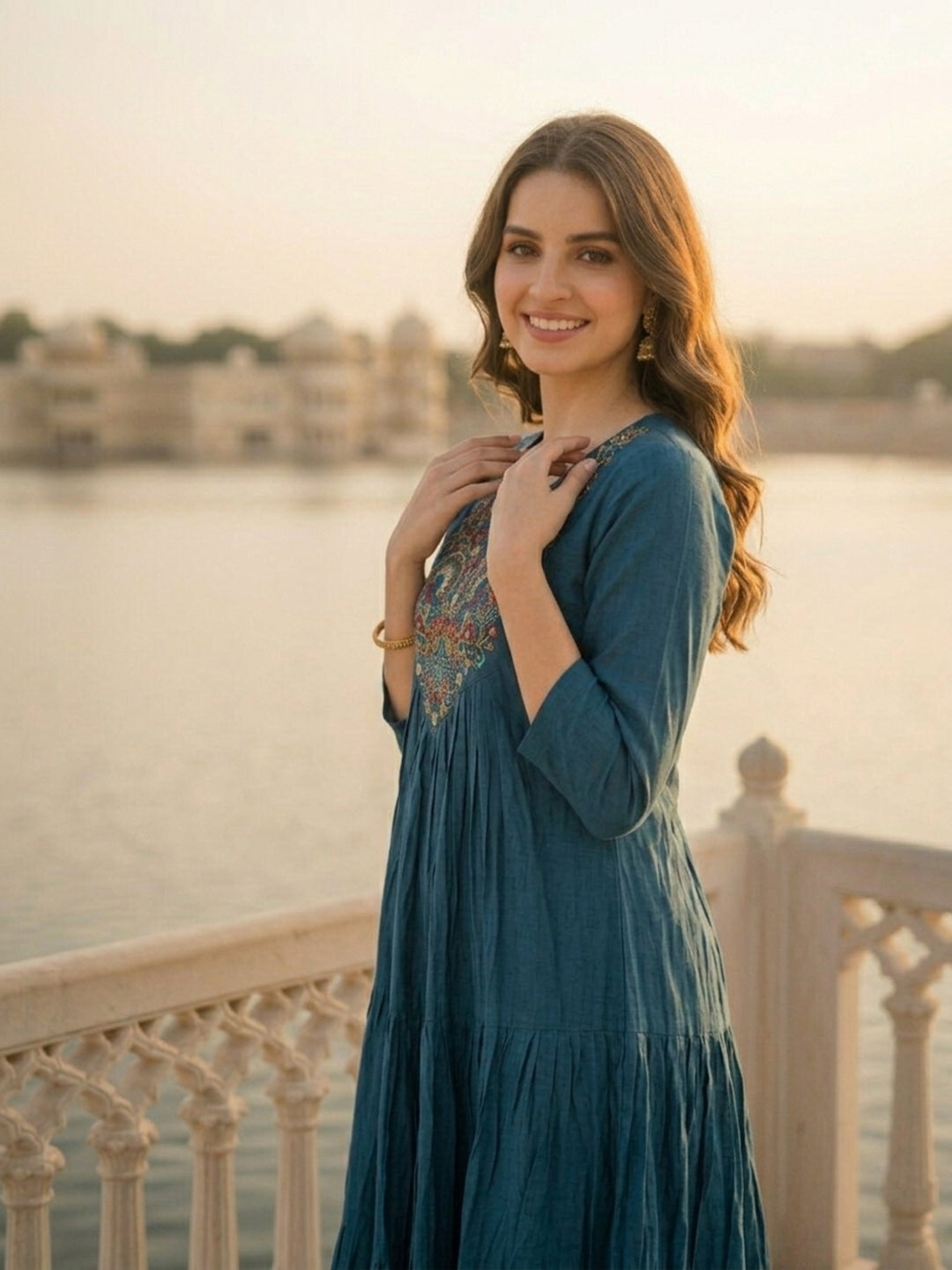 Solid Floral Threadwork Embroidered A-Line Pleated Kurta with Palazzo - Teal Blue