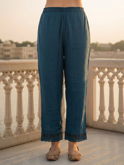 Solid Floral Threadwork Embroidered A-Line Pleated Kurta with Palazzo - Teal Blue