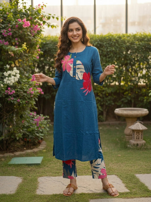 Abstract Floral Printed A-Line Co-ord Set - Blue