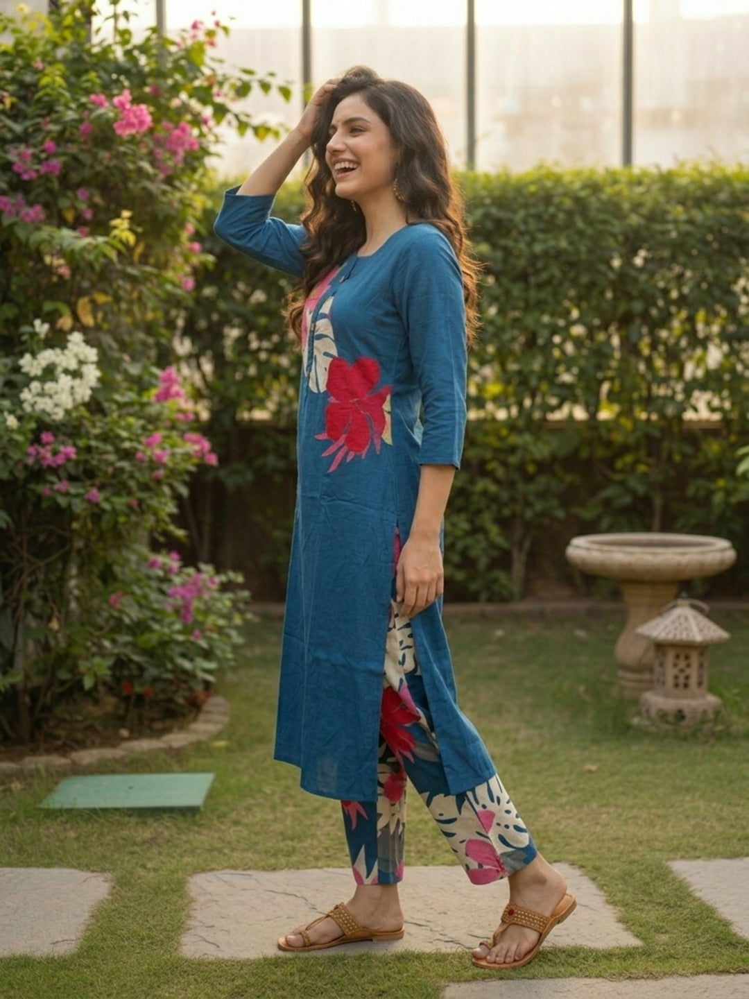 Abstract Floral Printed A-Line Co-ord Set - Blue
