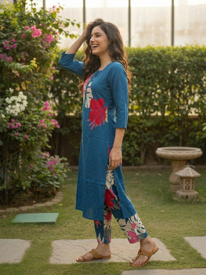 Abstract Floral Printed A-Line Co-ord Set - Blue