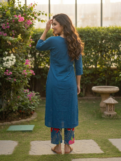 Abstract Floral Printed A-Line Co-ord Set - Blue