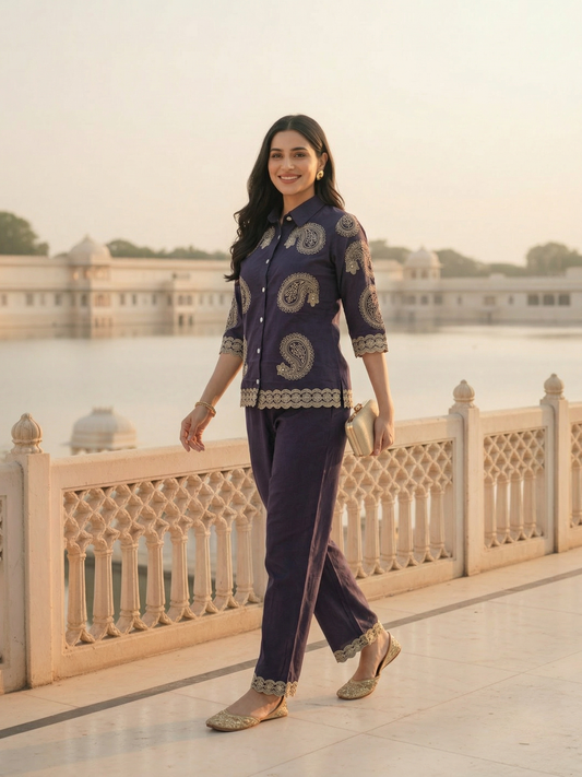 Solid Threadwork Embroidered Straight Co-ord Set - Dark Purple
