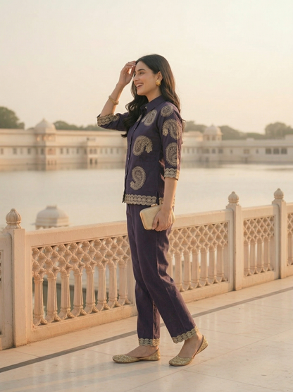 Solid Threadwork Embroidered Straight Co-ord Set - Dark Purple