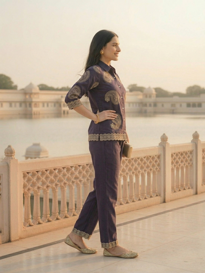 Solid Threadwork Embroidered Straight Co-ord Set - Dark Purple