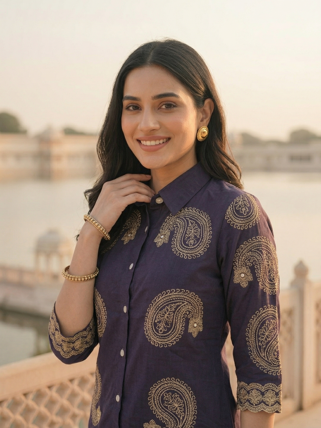 Solid Threadwork Embroidered Straight Co-ord Set - Dark Purple
