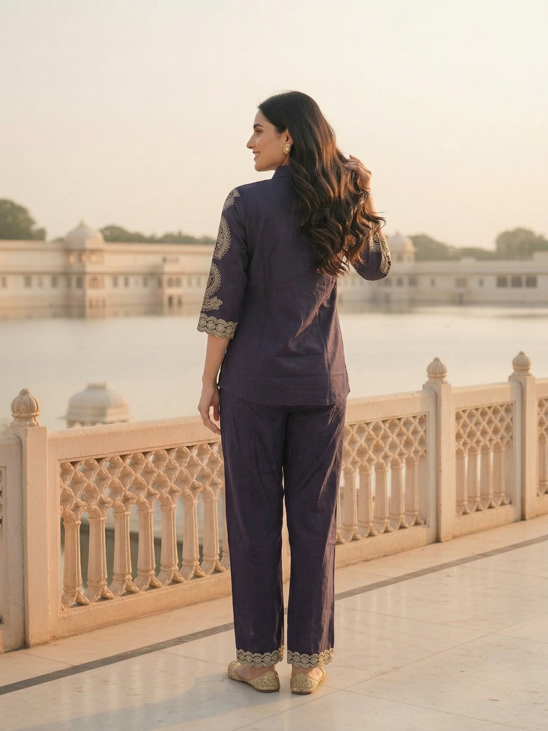 Solid Threadwork Embroidered Straight Co-ord Set - Dark Purple