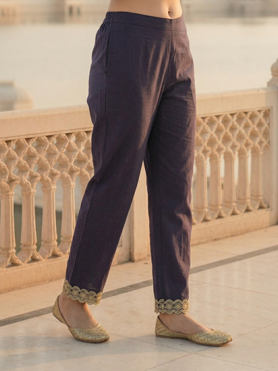 Solid Threadwork Embroidered Straight Co-ord Set - Dark Purple