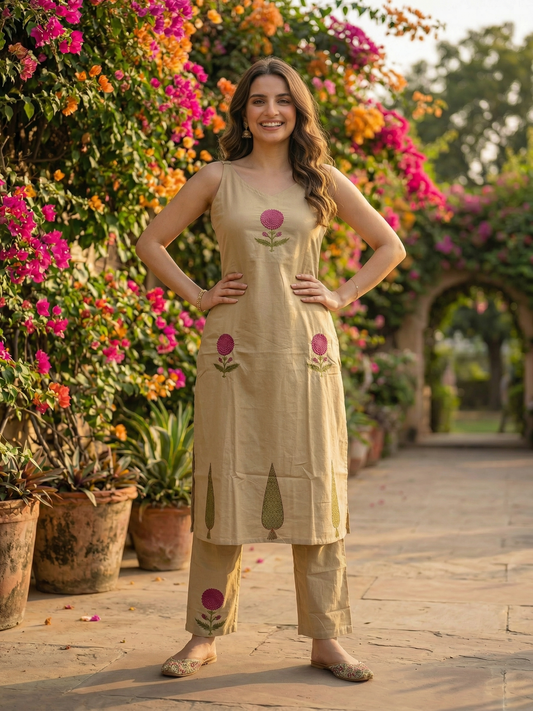 Solid Floral Embroidered Sleeveless Straight Co-ord Set - Beige