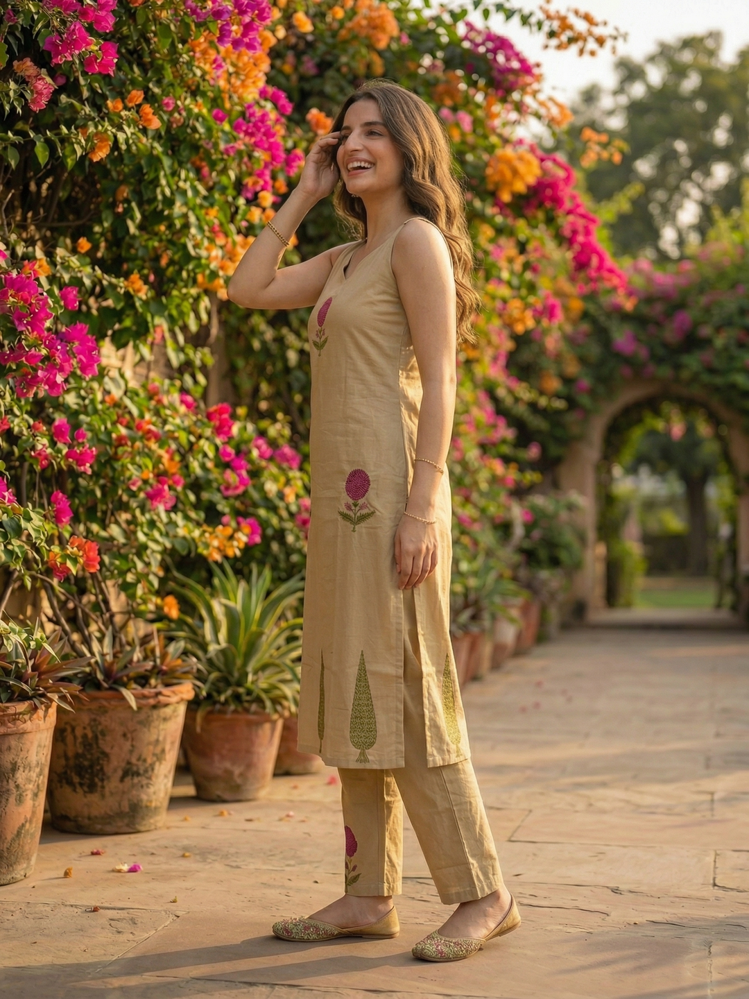 Solid Floral Embroidered Sleeveless Straight Co-ord Set - Beige