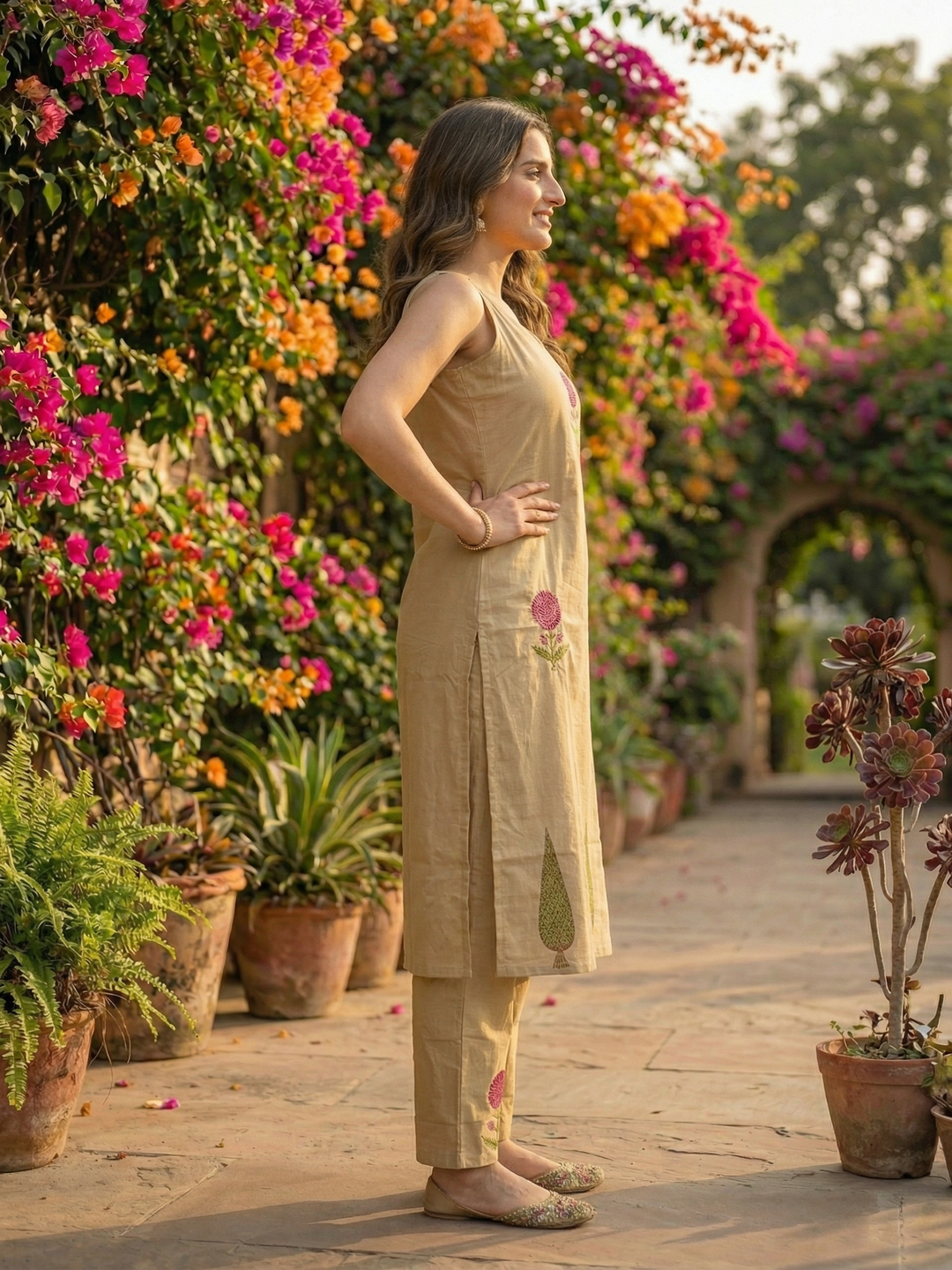 Solid Floral Embroidered Sleeveless Straight Co-ord Set - Beige