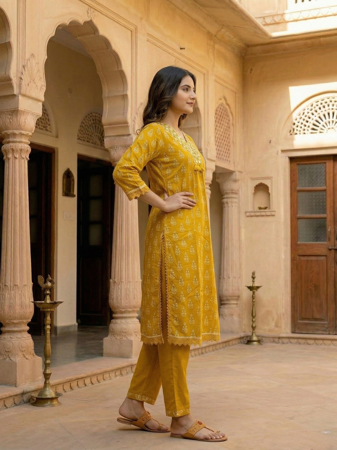 Ethnic Floral Printed & Embroidered A-Line Kurta with Pant - Mustard