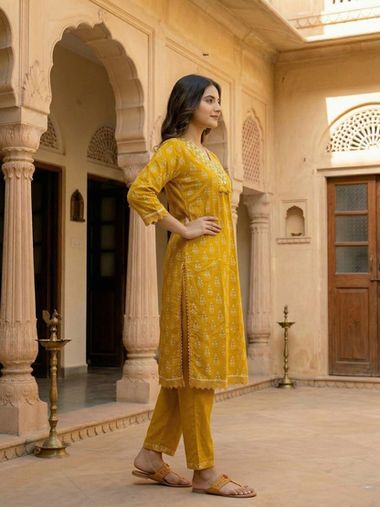 Ethnic Floral Printed & Embroidered A-Line Kurta with Pant - Mustard