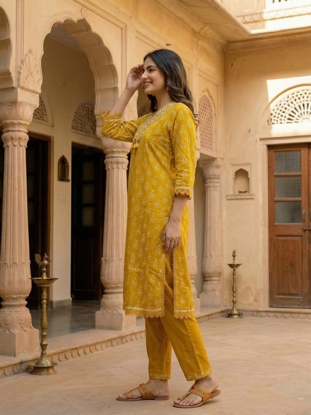 Ethnic Floral Printed & Embroidered A-Line Kurta with Pant - Mustard