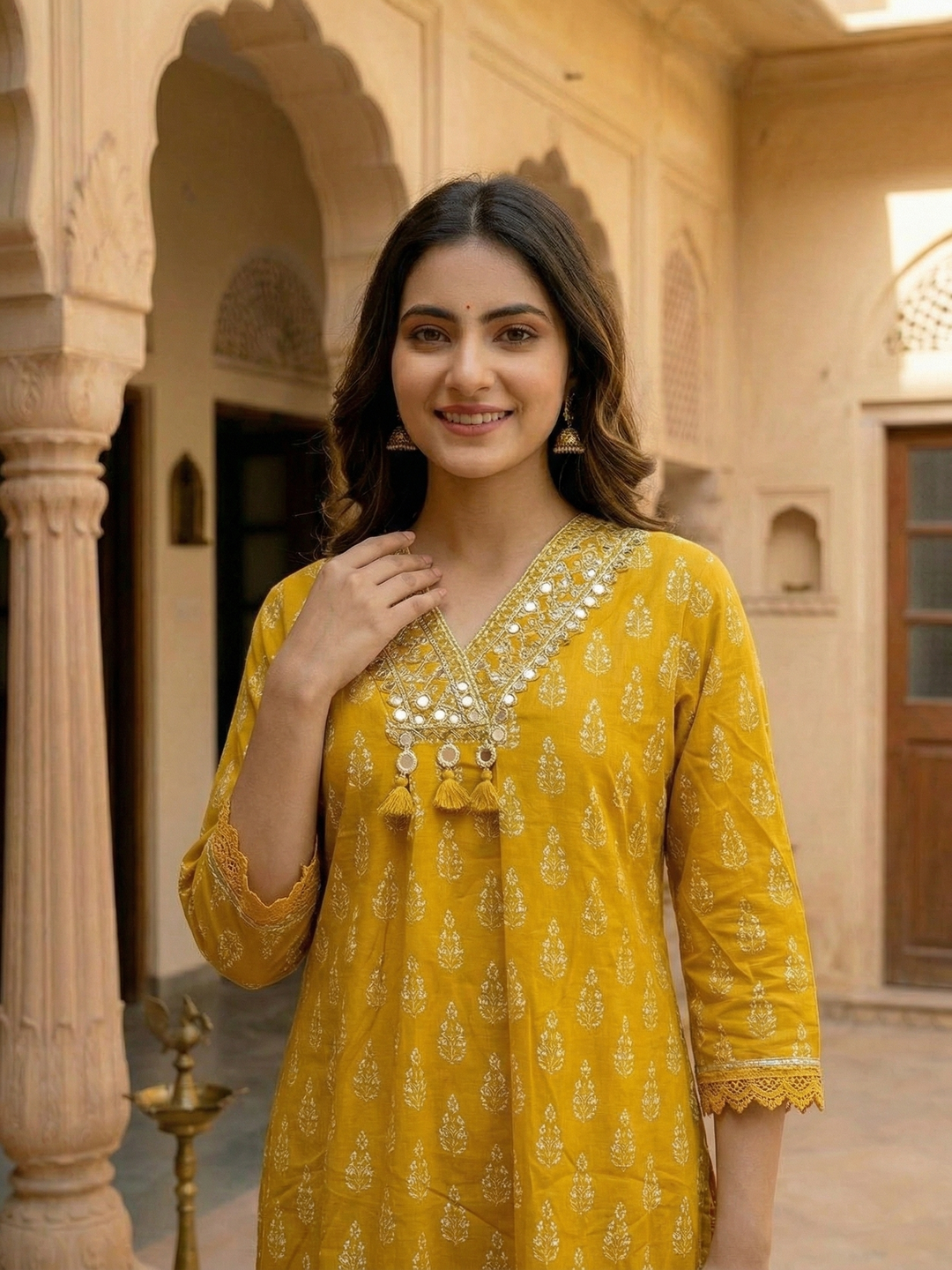 Ethnic Floral Printed & Embroidered A-Line Kurta with Pant - Mustard