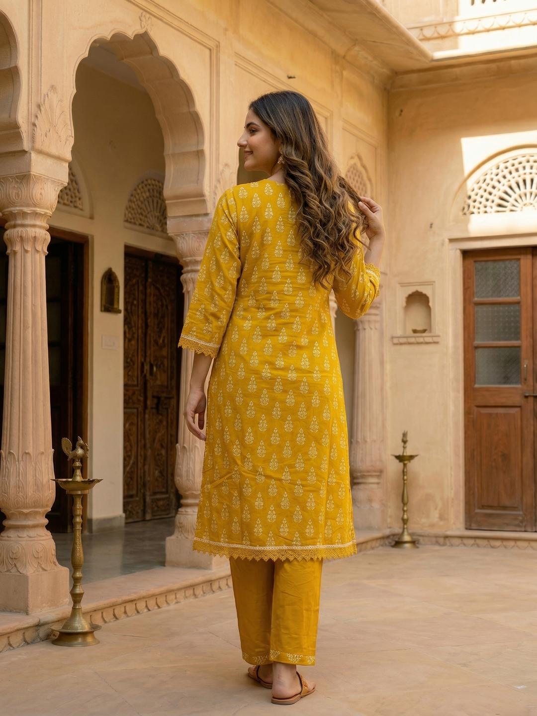 Ethnic Floral Printed & Embroidered A-Line Kurta with Pant - Mustard