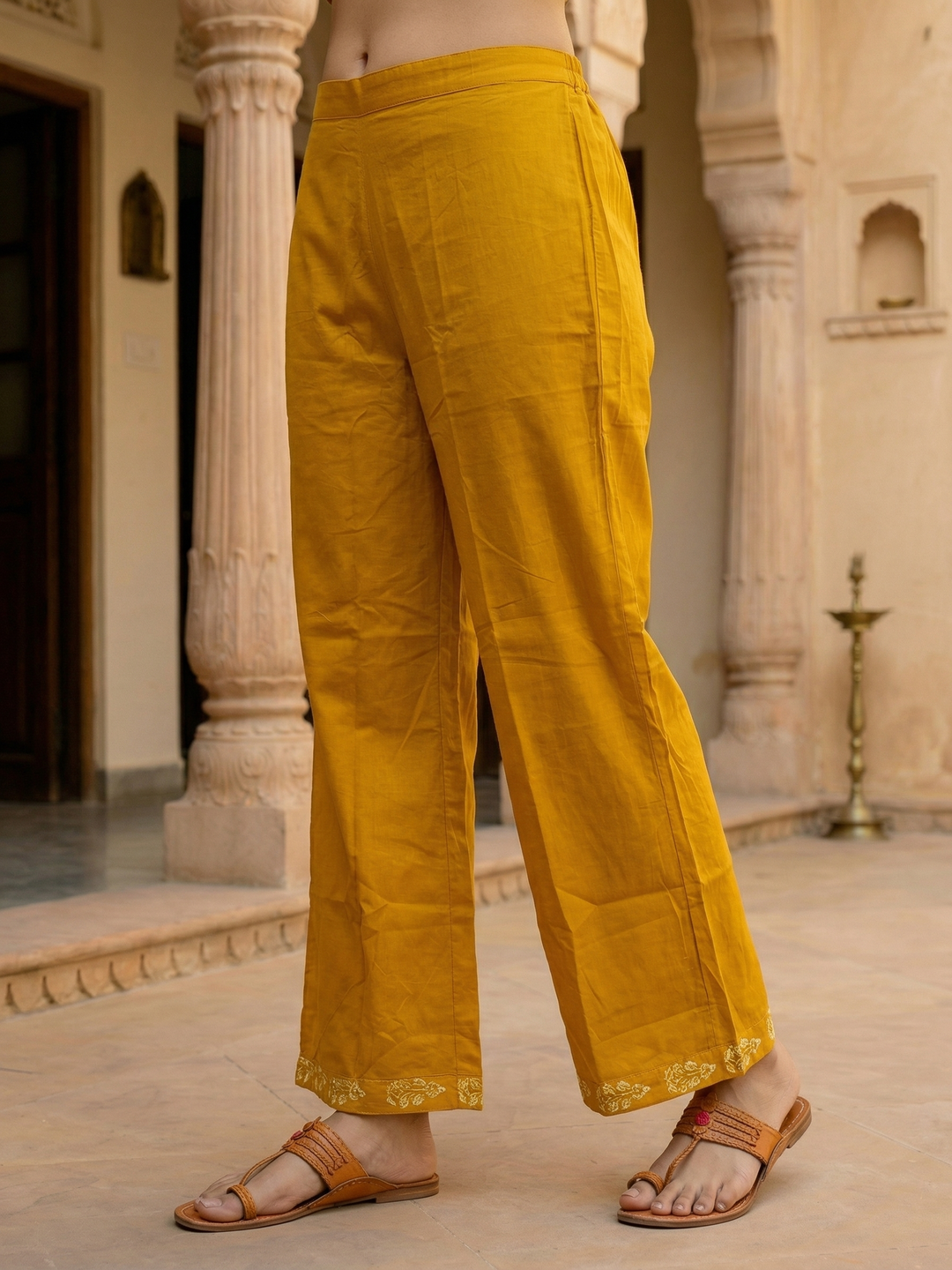 Ethnic Floral Printed & Embroidered A-Line Kurta with Pant - Mustard