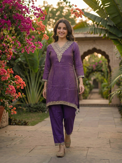 Solid Striped Embroidered A-Line Kurta with Pant - Lavender