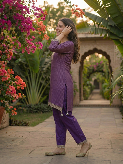 Solid Striped Embroidered A-Line Kurta with Pant - Lavender