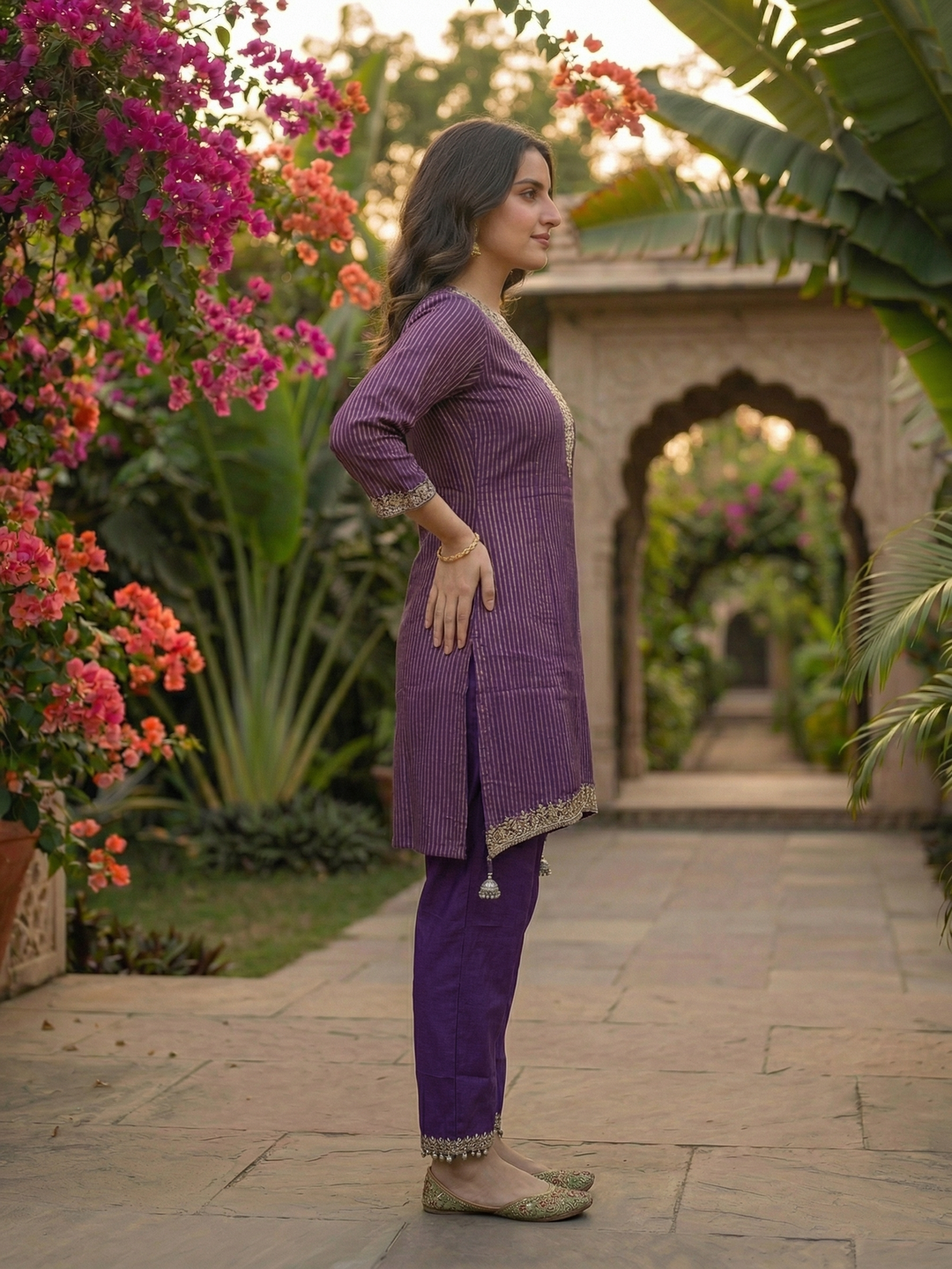 Solid Striped Embroidered A-Line Kurta with Pant - Lavender