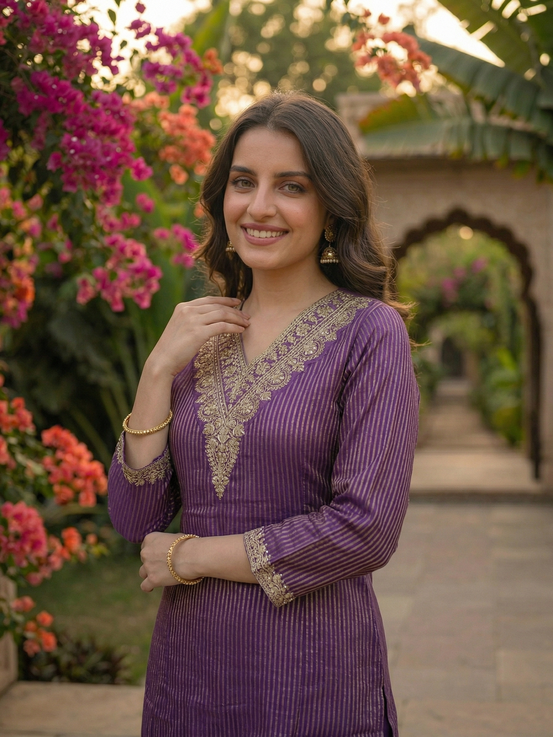 Solid Striped Embroidered A-Line Kurta with Pant - Lavender