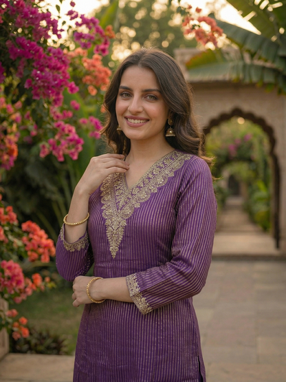Solid Striped Embroidered A-Line Kurta with Pant - Lavender