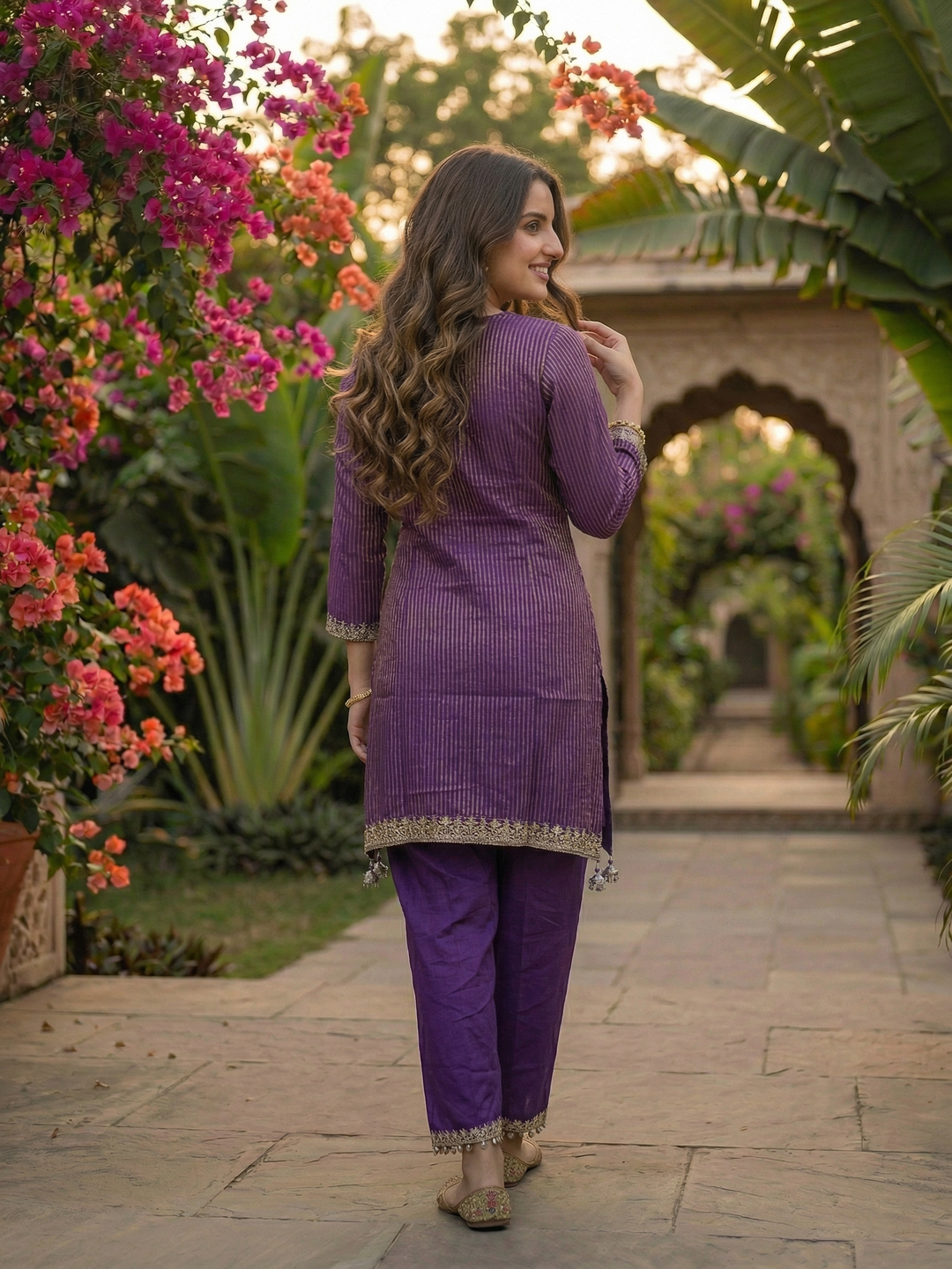 Solid Striped Embroidered A-Line Kurta with Pant - Lavender