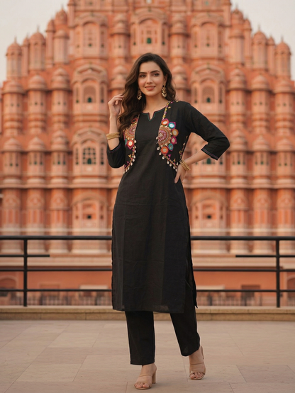Solid Straight Fit Cotton Kurta with Pant & Mirror Work Sleeveless Jacket - Black