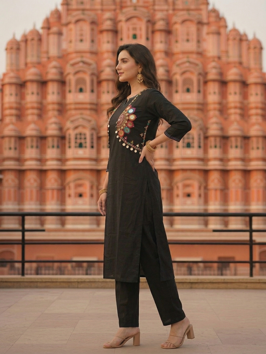 Solid Straight Fit Cotton Kurta with Pant & Mirror Work Sleeveless Jacket - Black