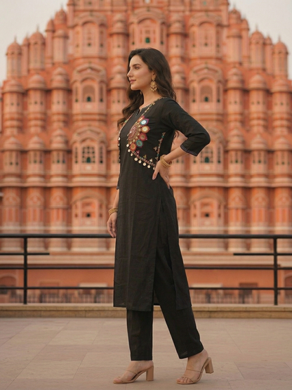 Solid Straight Fit Cotton Kurta with Pant & Mirror Work Sleeveless Jacket - Black