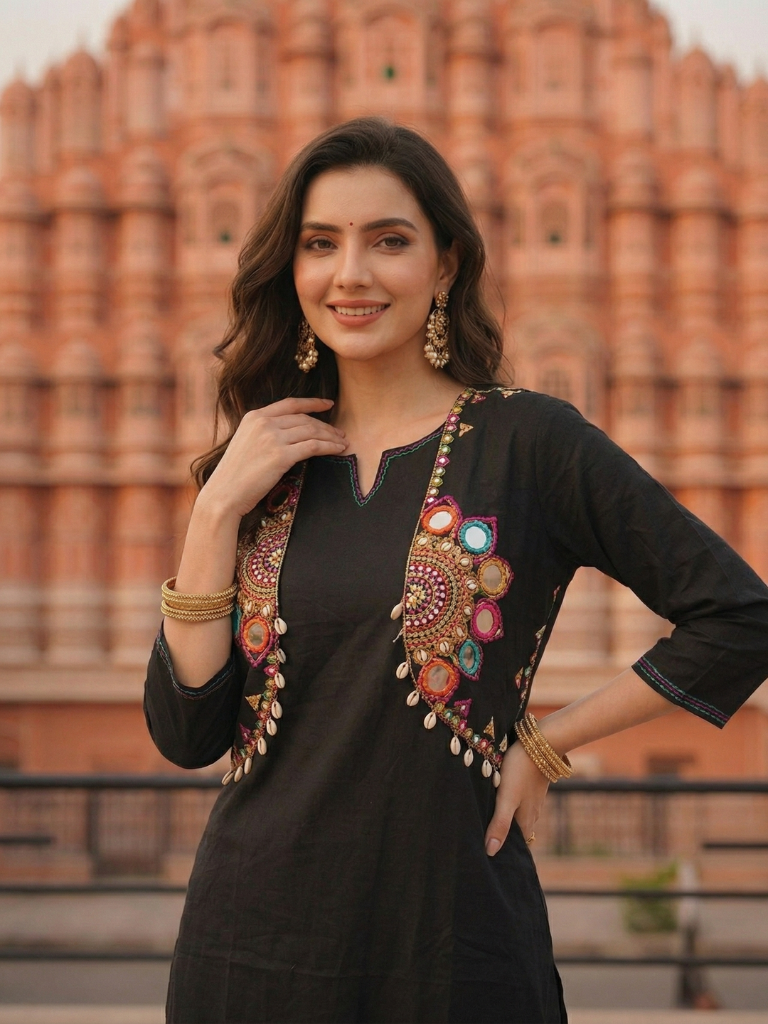Solid Straight Fit Cotton Kurta with Pant & Mirror Work Sleeveless Jacket - Black