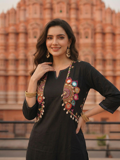 Solid Straight Fit Cotton Kurta with Pant & Mirror Work Sleeveless Jacket - Black