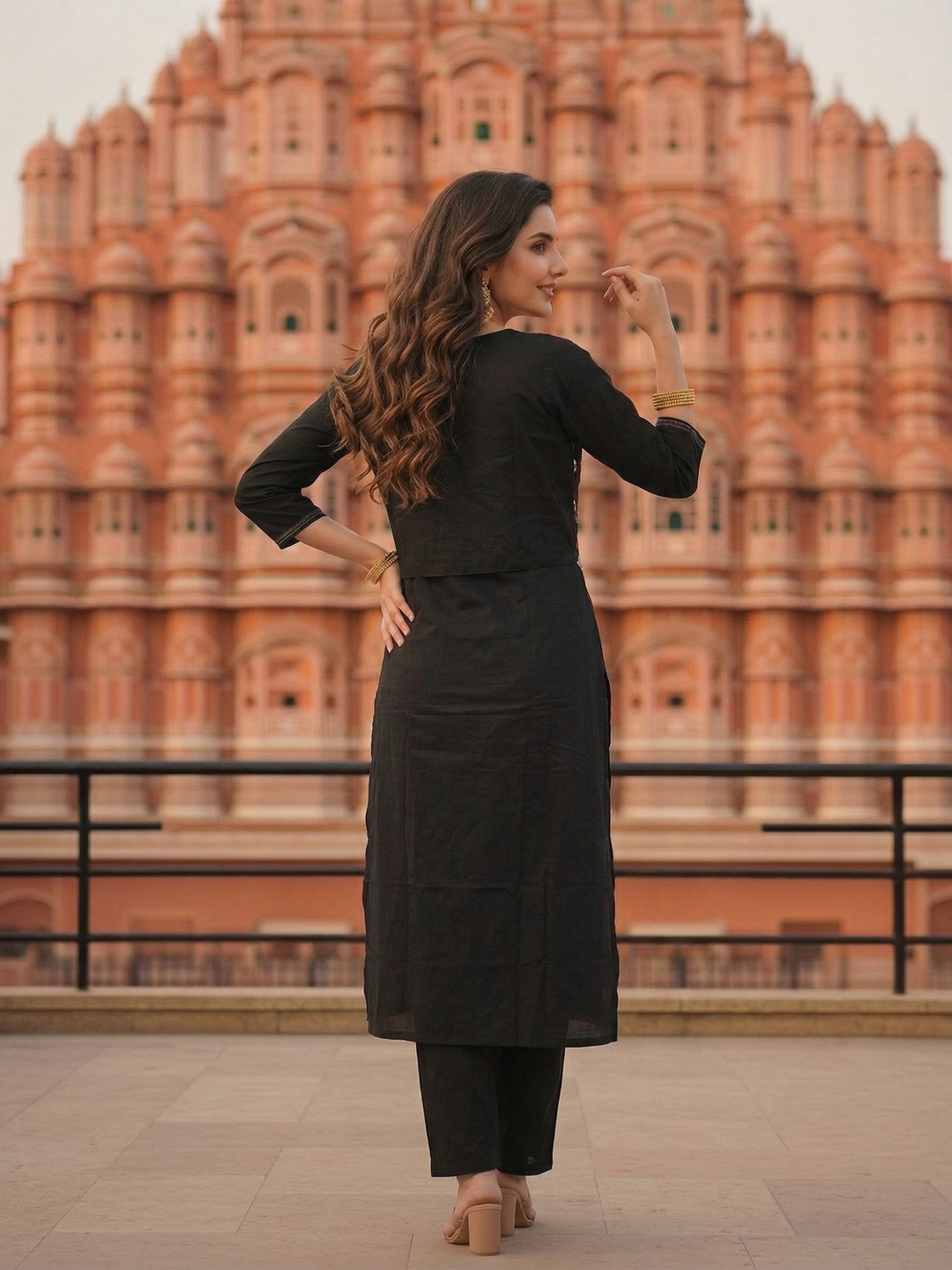 Solid Straight Fit Cotton Kurta with Pant & Mirror Work Sleeveless Jacket - Black