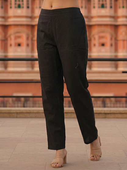 Solid Straight Fit Cotton Kurta with Pant & Mirror Work Sleeveless Jacket - Black