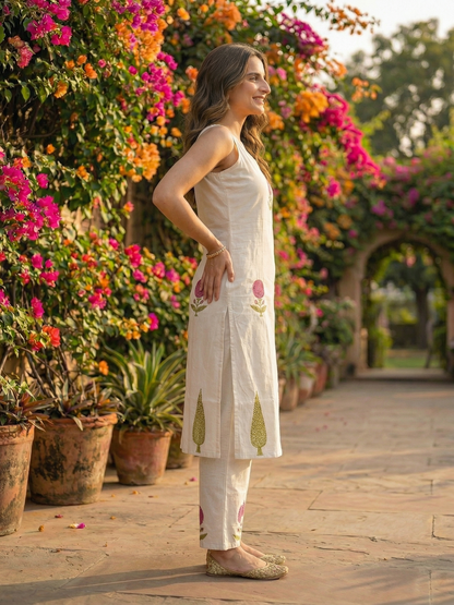 Solid Floral Embroidered Sleeveless Straight Fit Co-ord Set - Off White