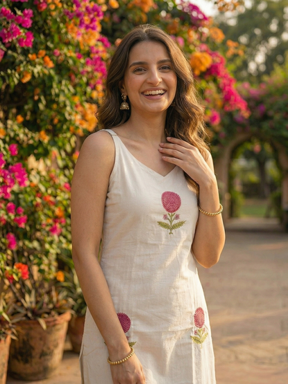 Solid Floral Embroidered Sleeveless Straight Fit Co-ord Set - Off White