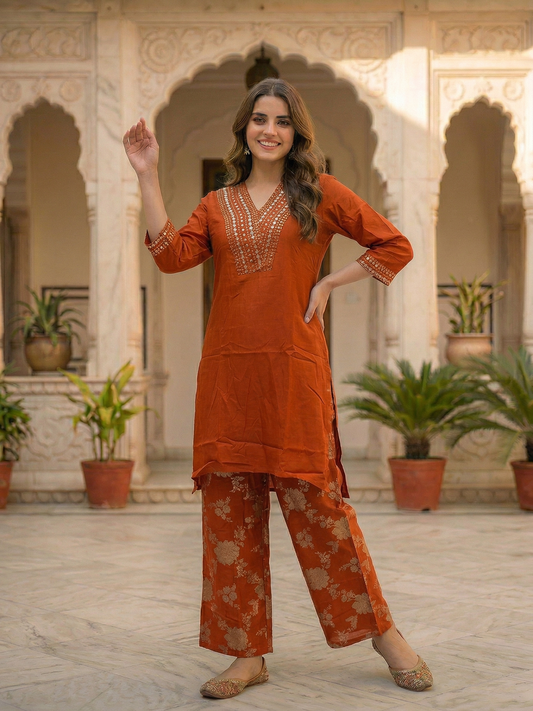 Solid Sequin Embroidered A-Line Kurta with Brocade Palazzo Co-ord Set - Rust