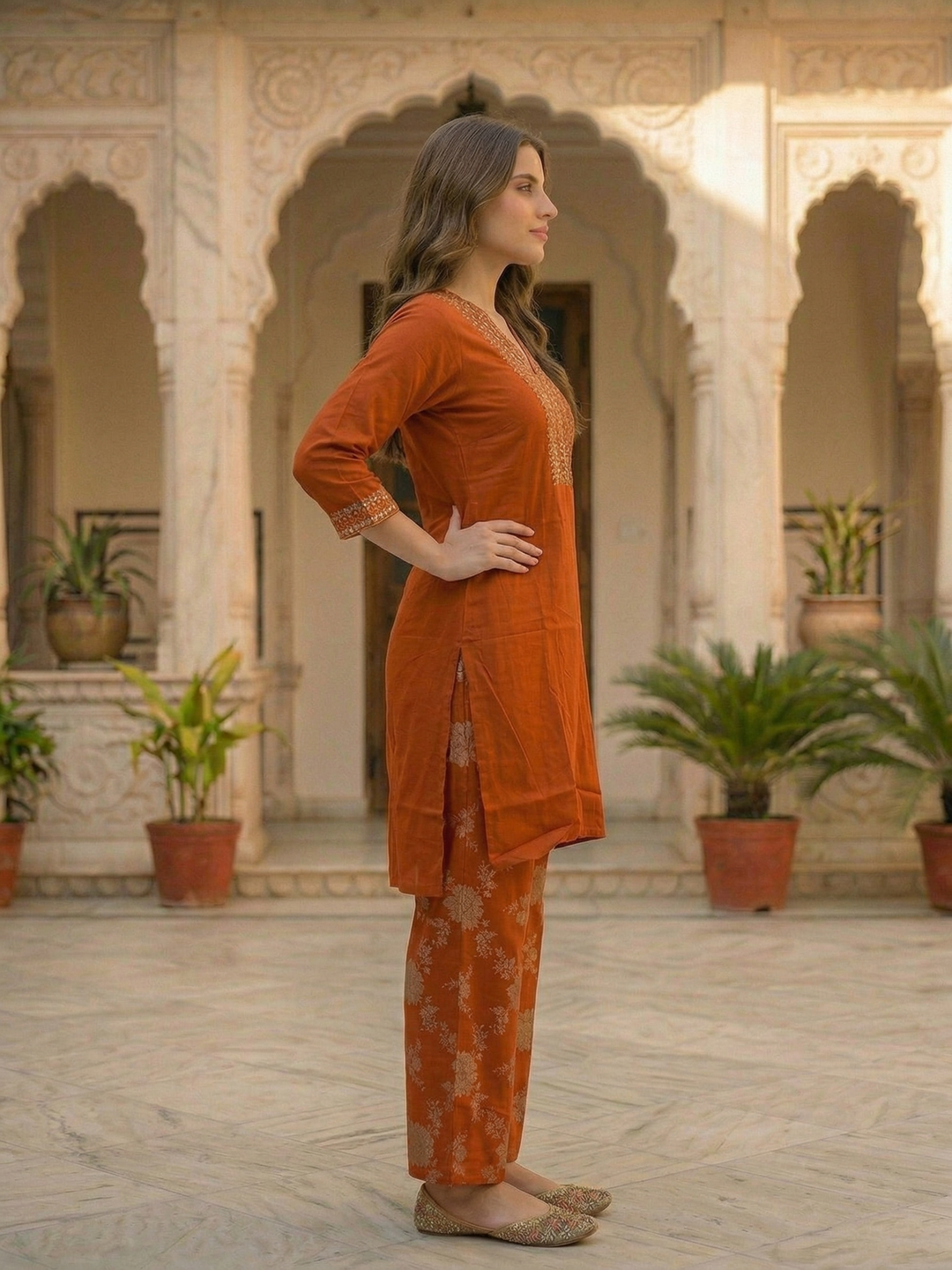 Solid Sequin Embroidered A-Line Kurta with Brocade Palazzo Co-ord Set - Rust