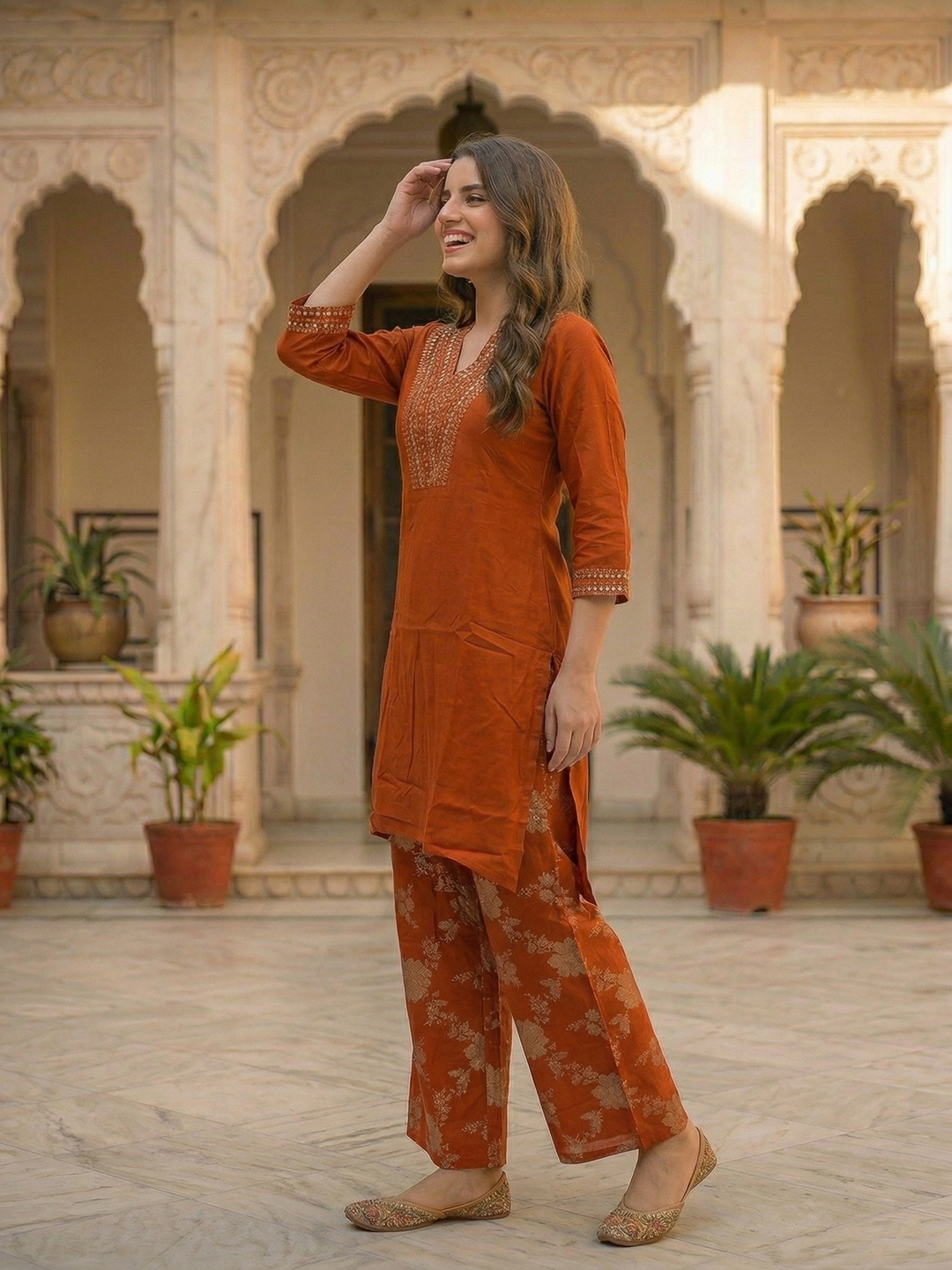 Solid Sequin Embroidered A-Line Kurta with Brocade Palazzo Co-ord Set - Rust