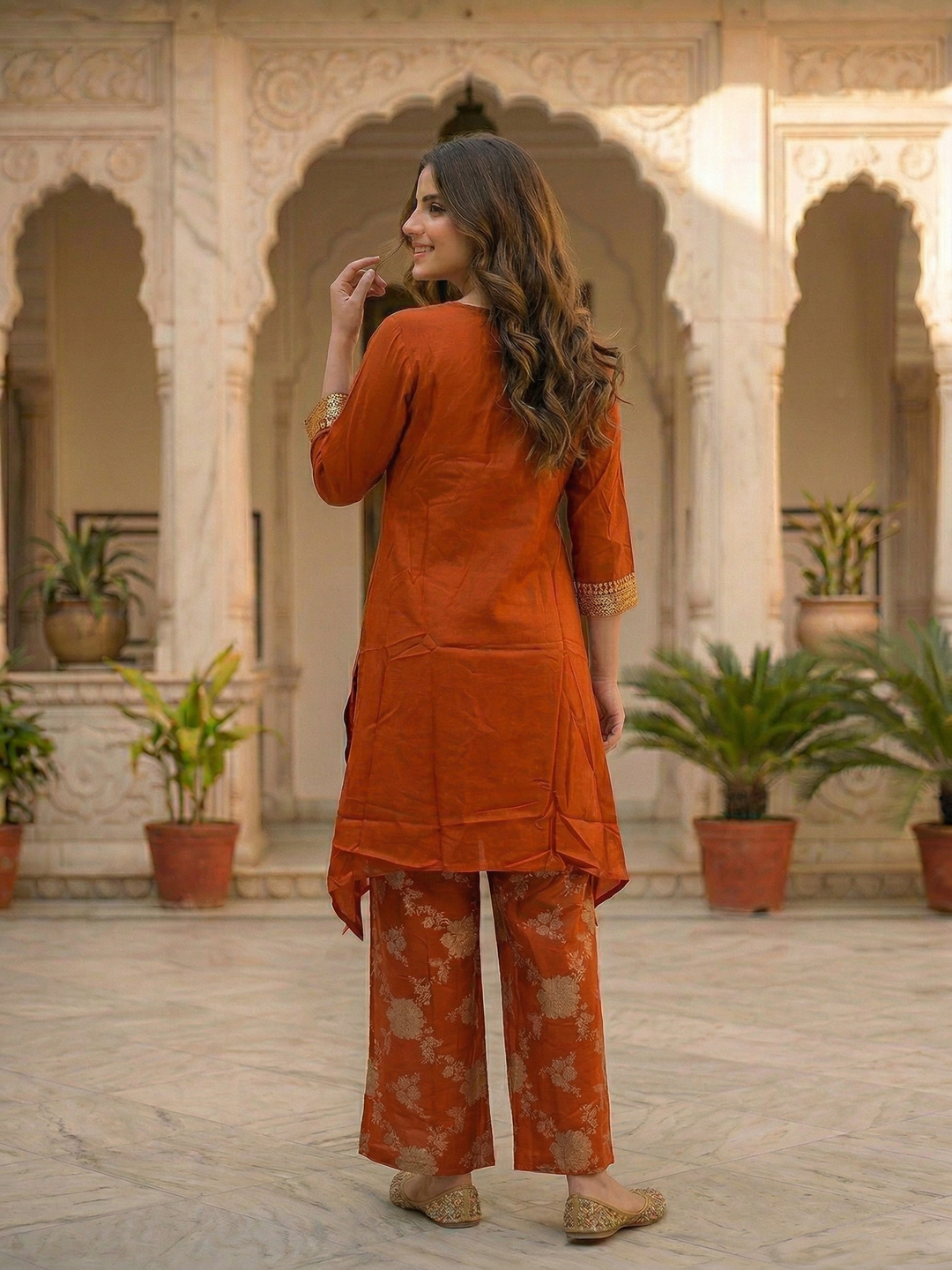 Solid Sequin Embroidered A-Line Kurta with Brocade Palazzo Co-ord Set - Rust
