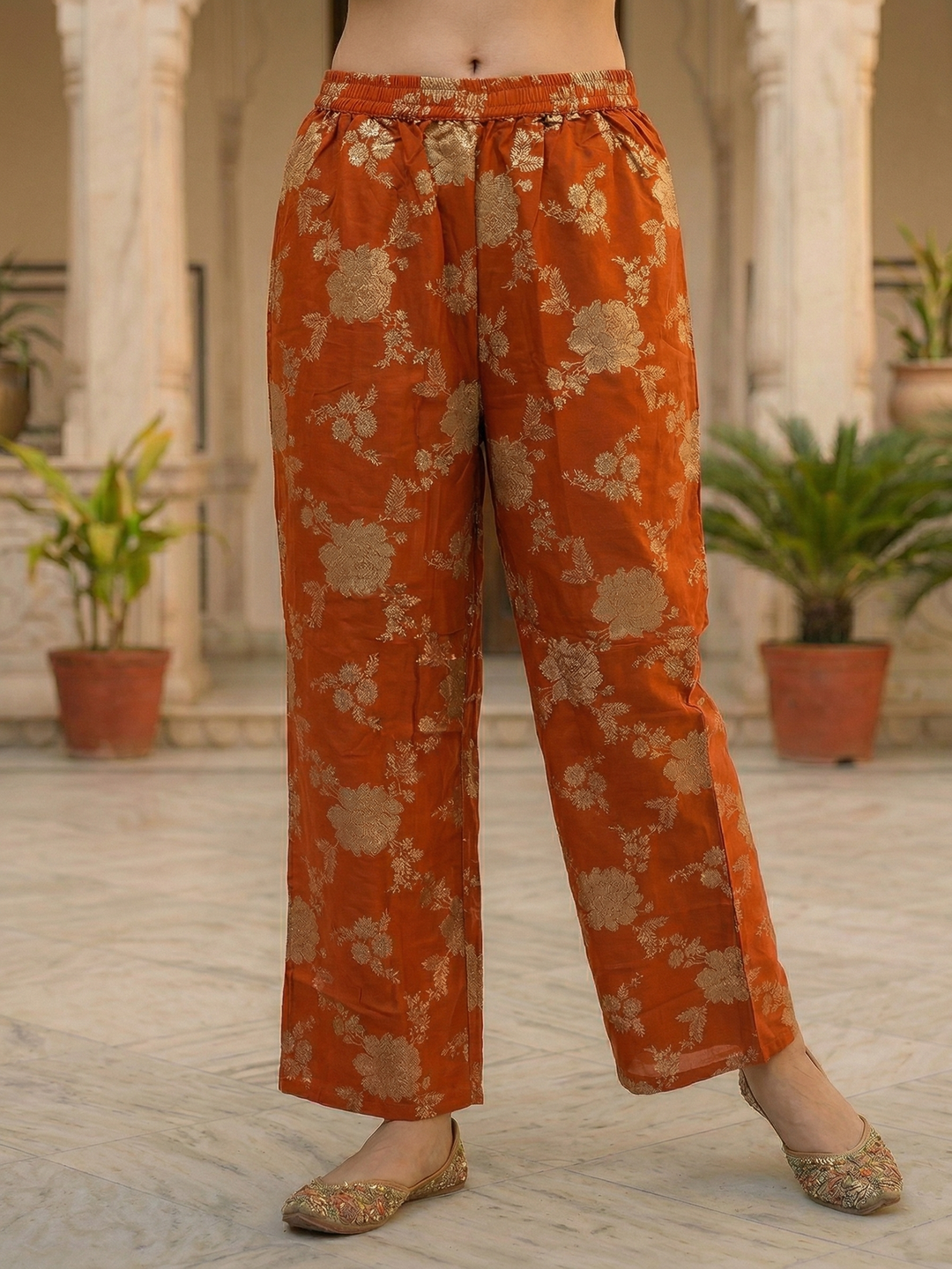 Solid Sequin Embroidered A-Line Kurta with Brocade Palazzo Co-ord Set - Rust