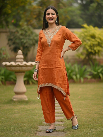 Solid Striped Embroidered A-Line Kurta with Pant - Orange