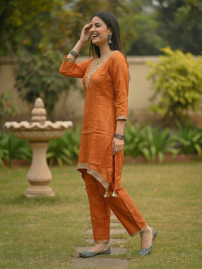 Solid Striped Embroidered A-Line Kurta with Pant - Orange