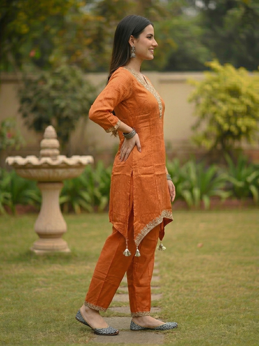 Solid Striped Embroidered A-Line Kurta with Pant - Orange