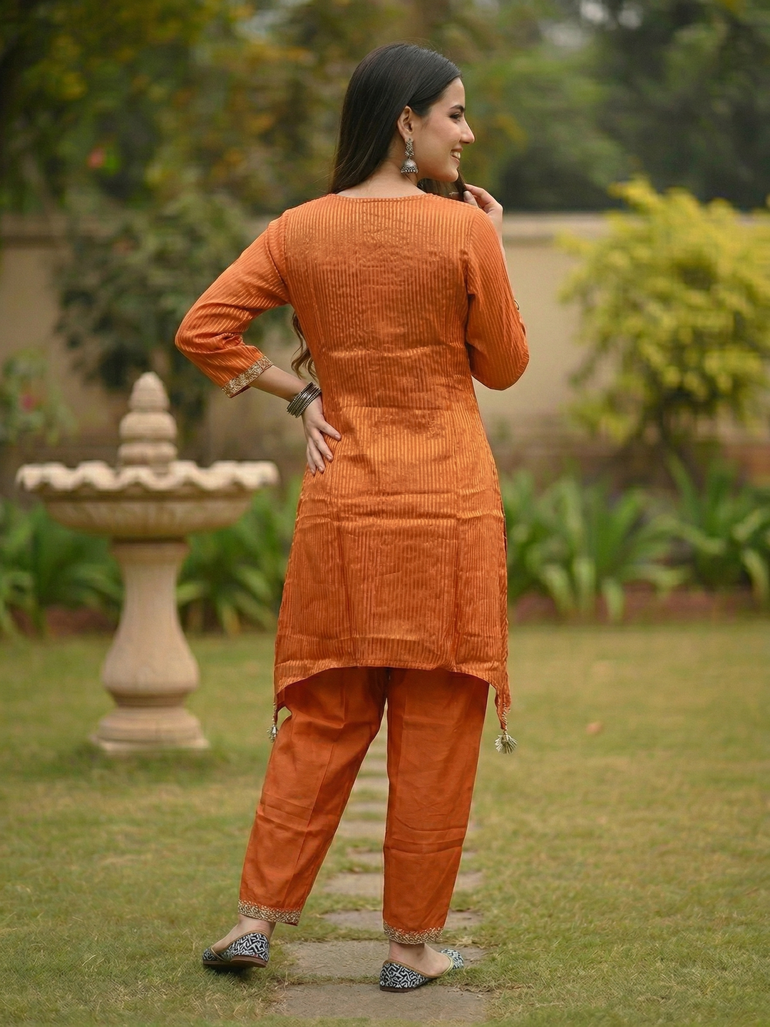 Solid Striped Embroidered A-Line Kurta with Pant - Orange