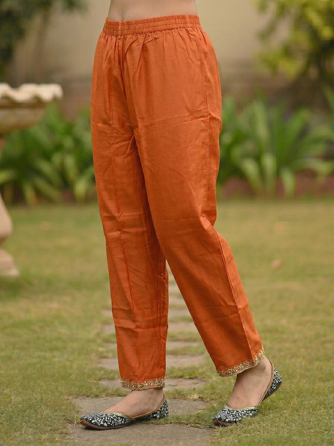Solid Striped Embroidered A-Line Kurta with Pant - Orange